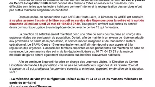 RESTRICTION D'ACCES AU SERVICE DES URGENCES DU CH EMILE ROUX